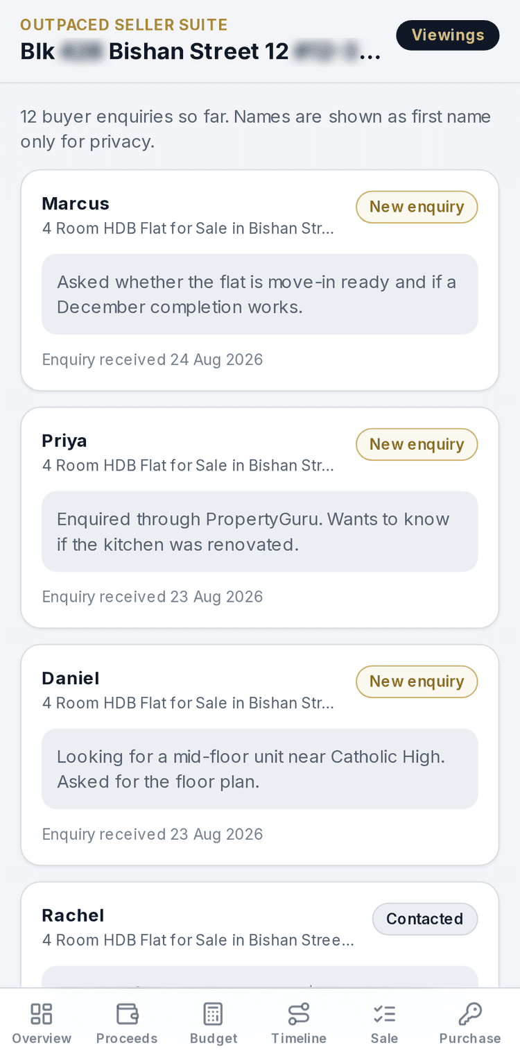 Seller Suite enquiries tab listing buyer enquiries with statuses and remarks