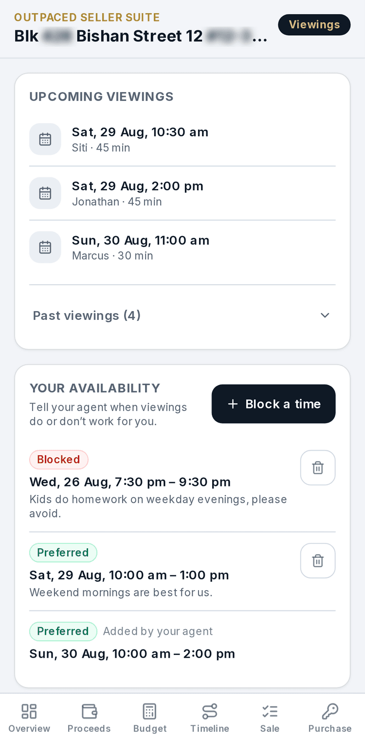 Seller Suite viewings tab with upcoming viewings and availability blocks